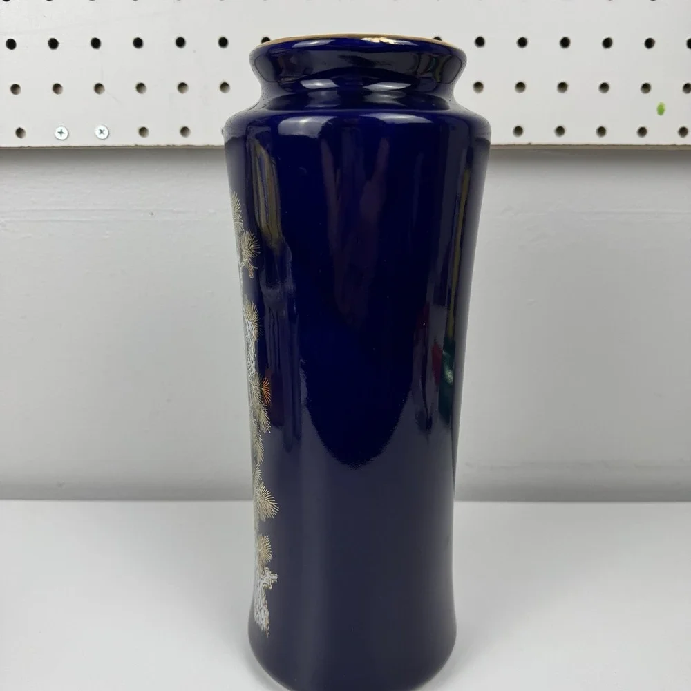 Vtg‎ 1960s Cobalt Blue Japanese Crane Vase Gold Trim Porcelain Japan 11